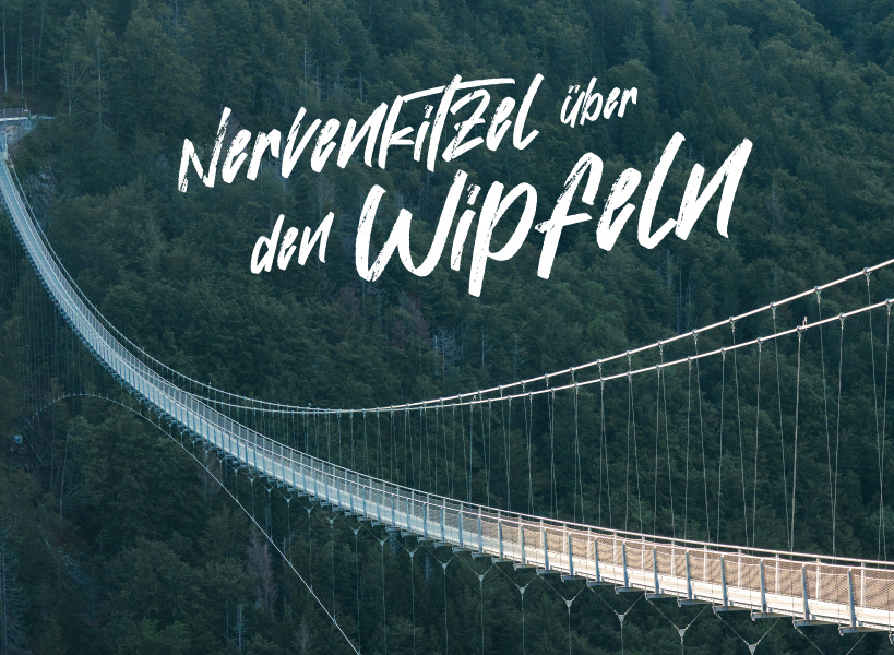 Luftaufnahme der Hängebrücke BLACKFORESTLINE im Schwarzwald mit Überschrift