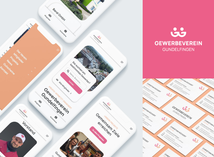 Bildcollage des Gewerbevereins Gundelfingen mit Logo, der Visitenkarte und der Webseite auf mobilen Bildschirmen