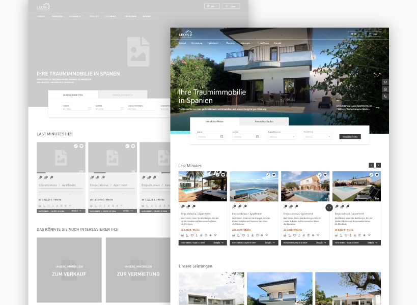 Zwei Bildschirme vom Wireframe und von der fertigen Webseite