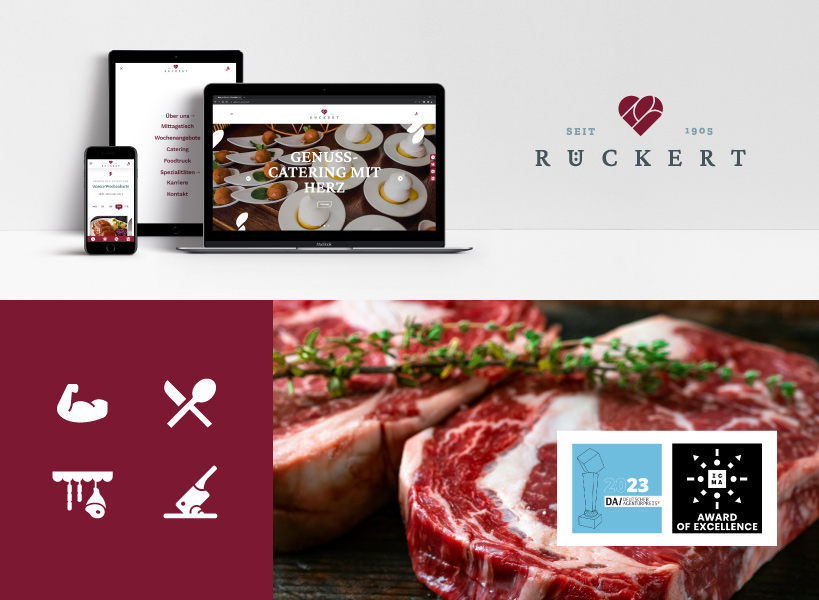 Bildcollage mit Ikonografie, Logo, einem Stück Fleisch und einer Webseitenansicht auf mobil, Laptop und Tablet von Metzgerei Rückert mit zwei Awards