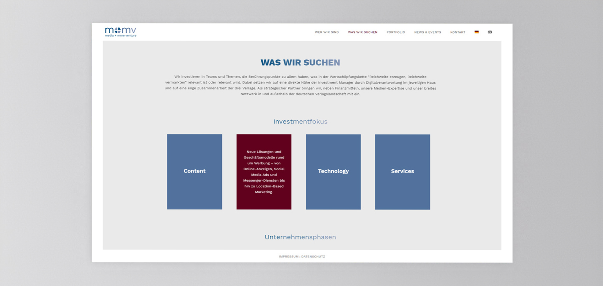 Ansicht einer Unterseite der Webseite von Media + More Venture