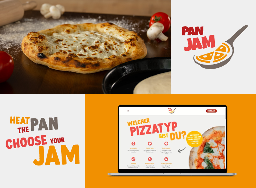 Bildcollage mit Pizza, Logo, Claim und der Webseite der Pan Jam Pizza.
