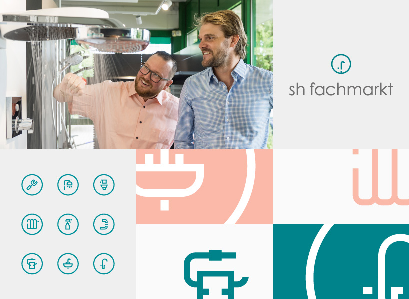 Bildcollage mit Logo, Ikonografie, Formsprache und Foto aus dem Showrrom des sh Fachmarkts