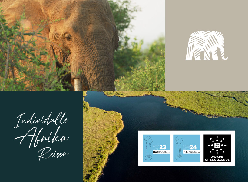 Bildcollage mit Logo und Text von Wild & schön Reisen, und zwei Bildern: einem Elefanten und dem Okawango-Delta