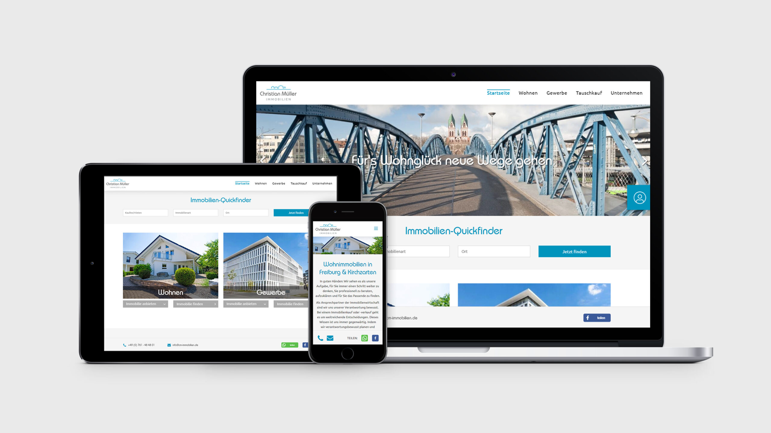 Ansicht der Webseite von Christian Müller Immobilien auf Monitor, Notebook und Smartphone