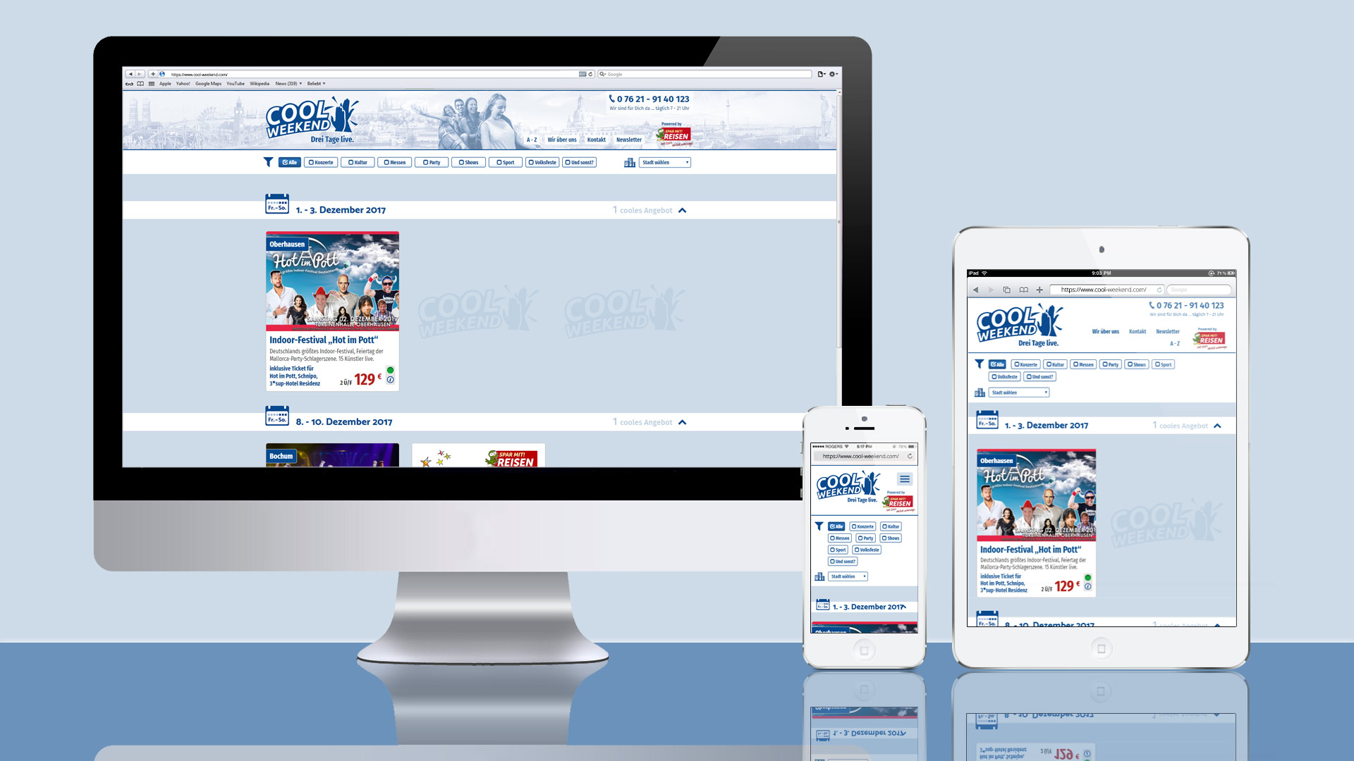 Ansicht der Webseite von Cool Weekend auf einem Monitor, einem Pad und einem Smartphone