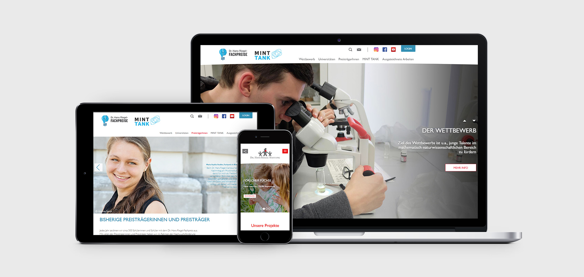 Ansicht der Webseite der Dr. Hans-Riegel-Stiftung auf einem Notebook, einem Pad und einem Smartphone
