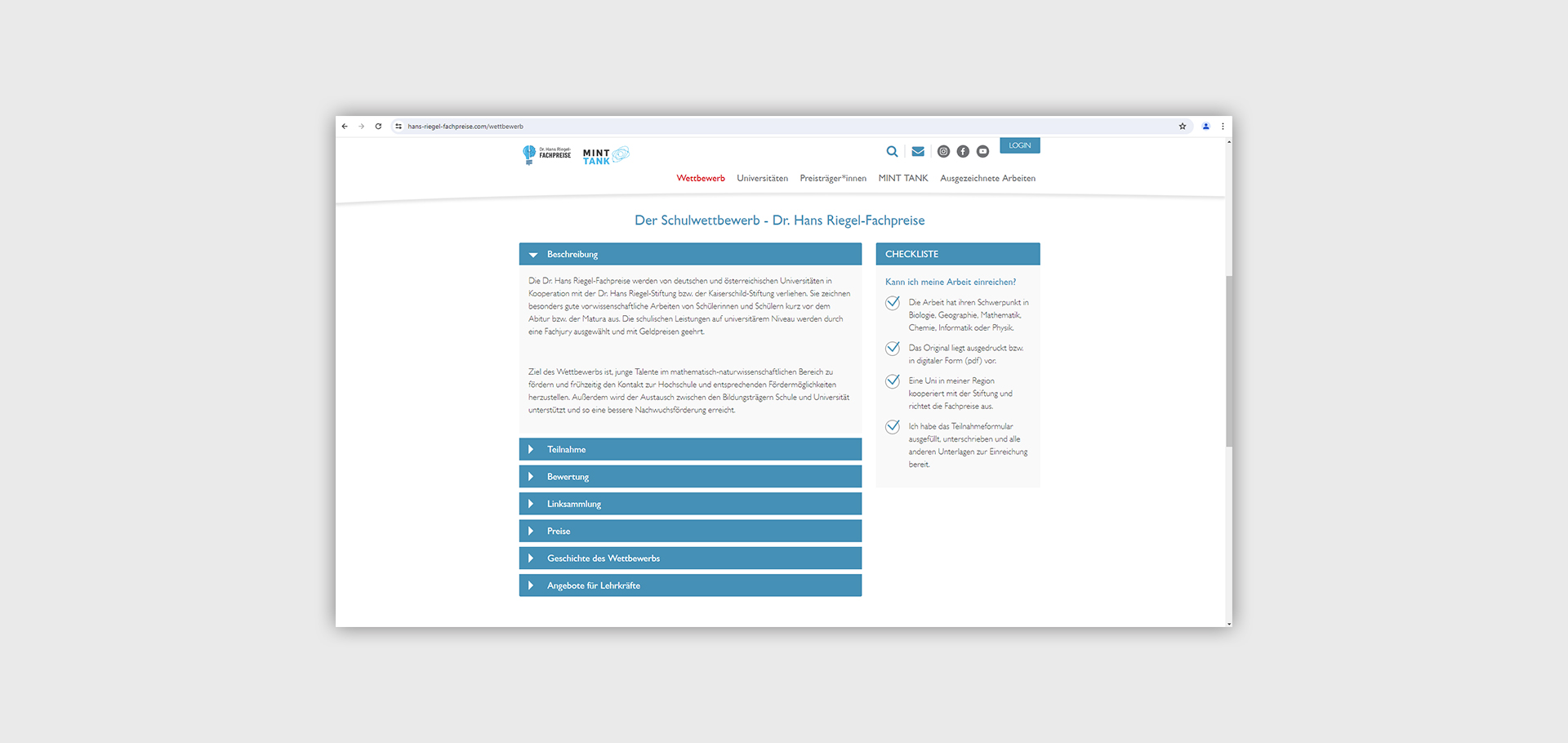 Ansicht der Webseite der Dr. Hans-Riegel-Stiftung vor grauem Hintergrund