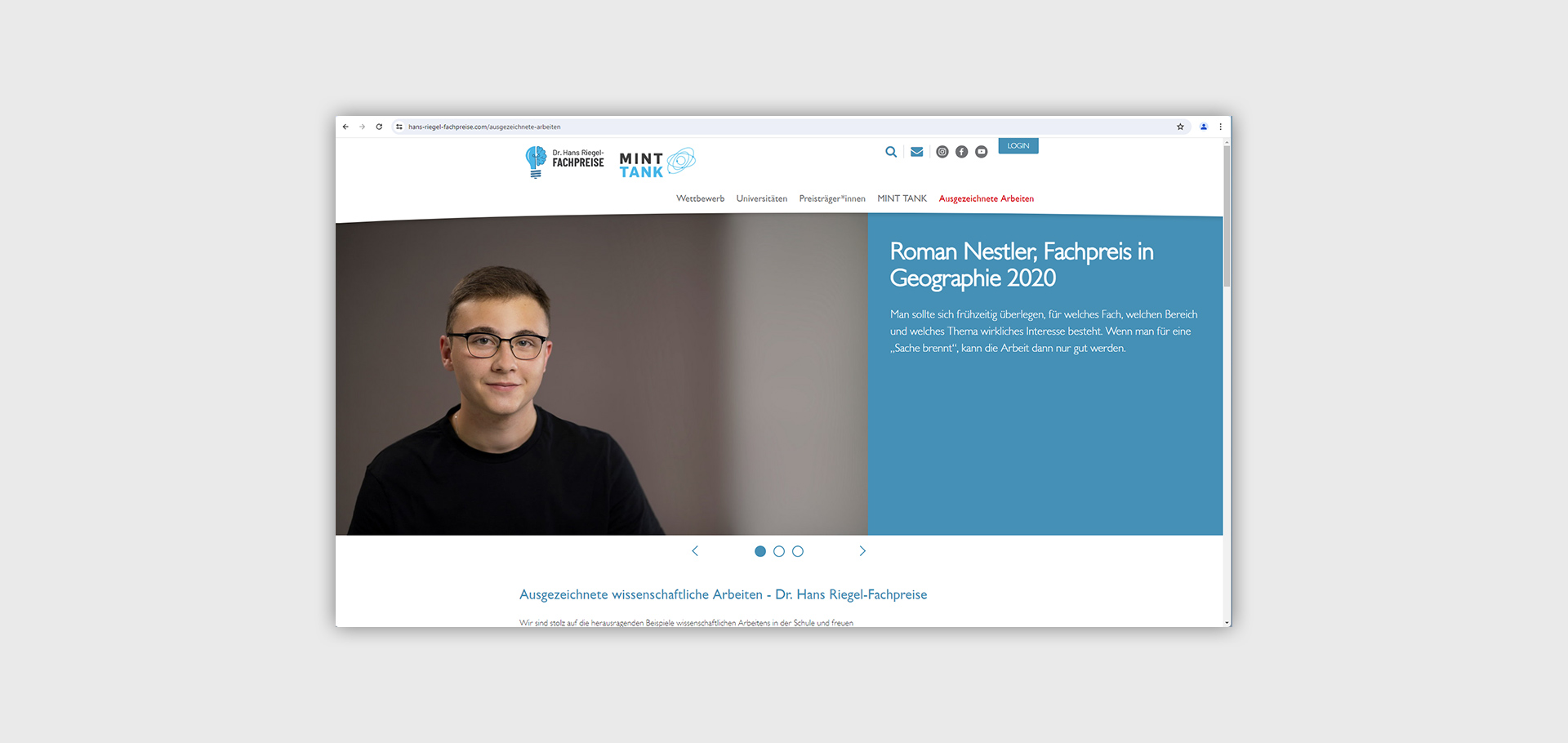 Ansicht der Webseite der Dr. Hans-Riegel-Stiftung vor grauem Hintergrund