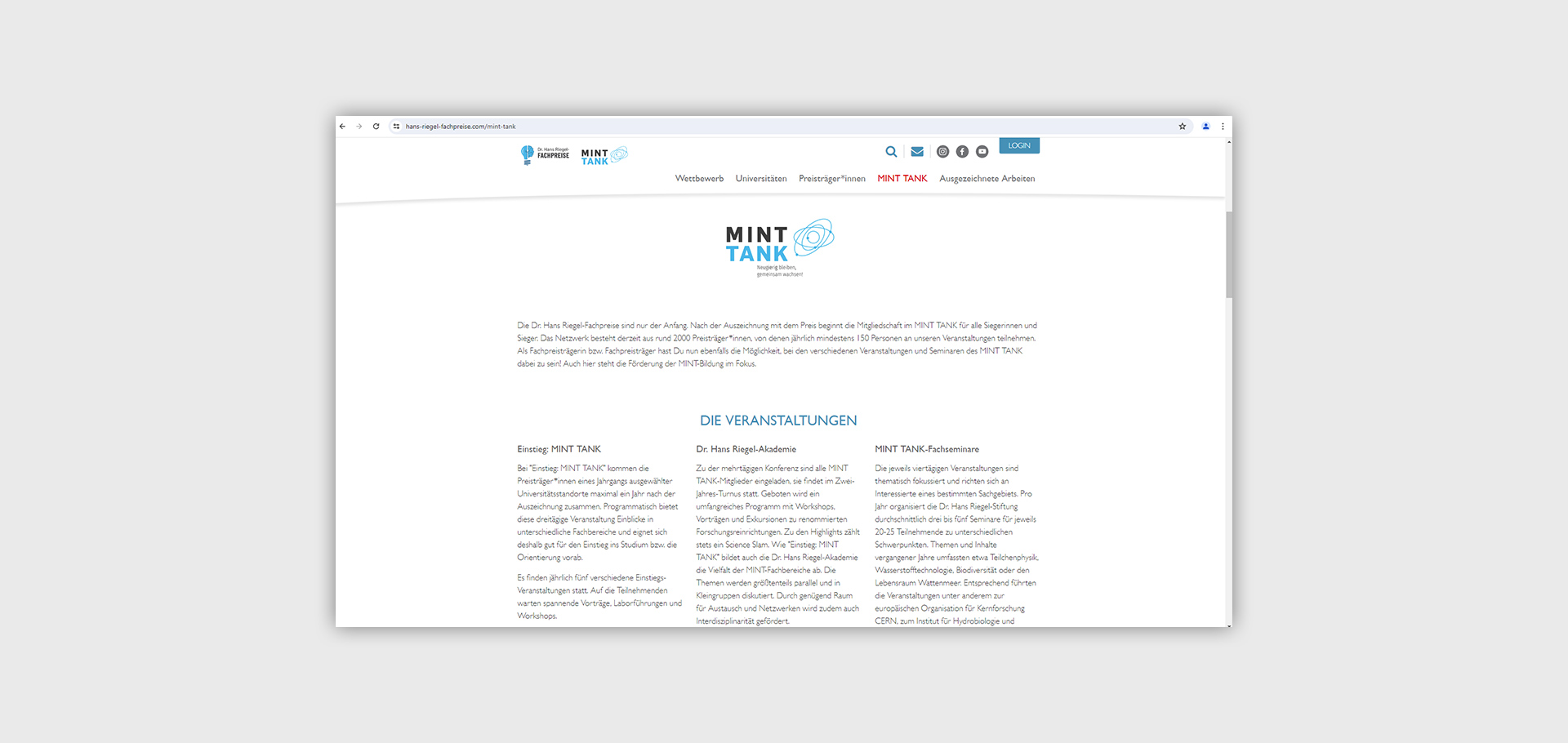Ansicht der Webseite der Dr. Hans-Riegel-Stiftung vor grauem Hintergrund
