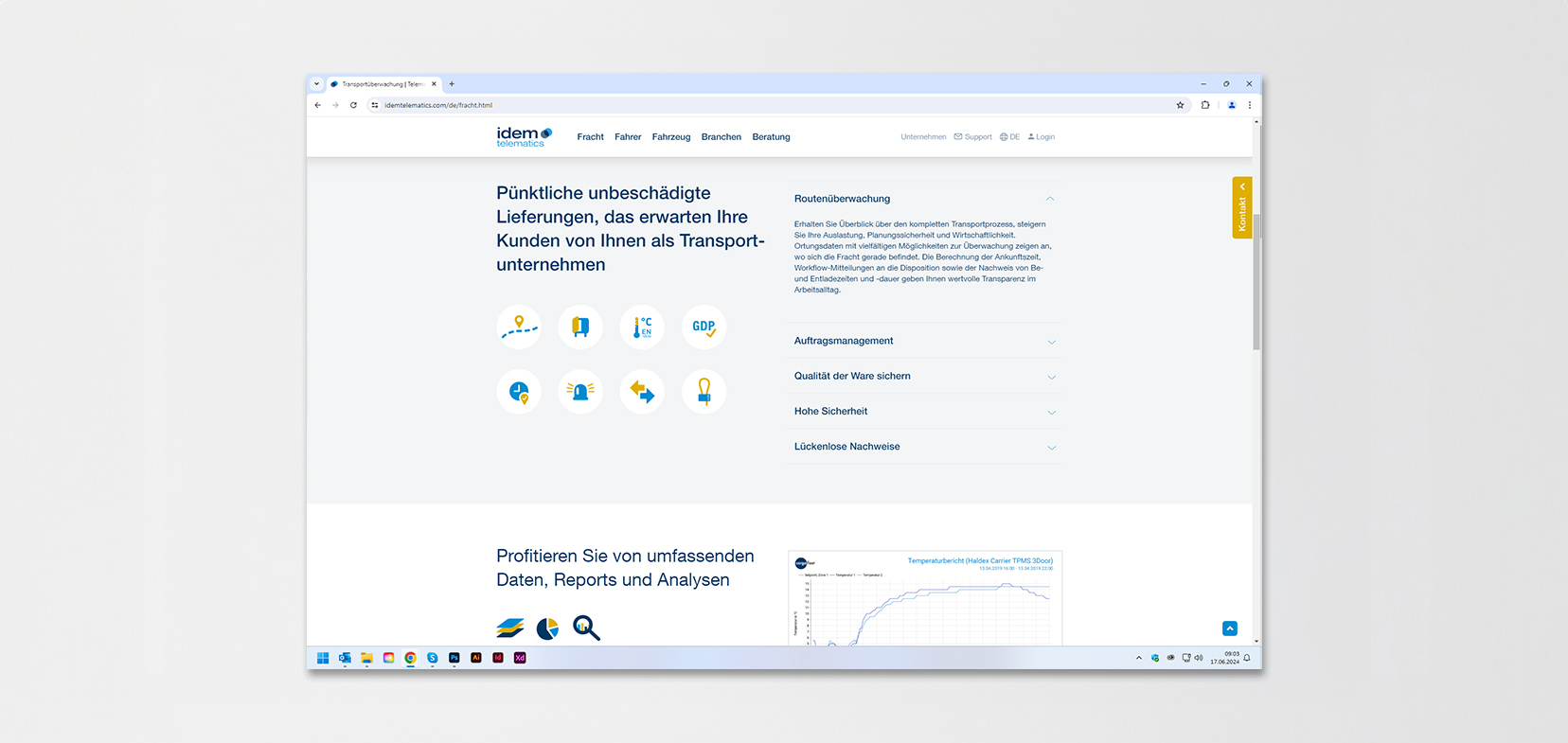 Ansicht Unterseite der Webseite von idem telematics auf grauem Hintergrund