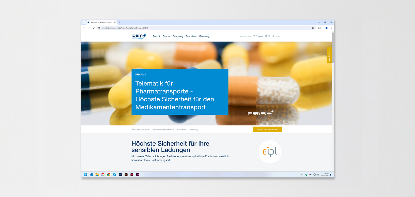 Ansicht Unterseite der Webseite von idem telematics auf grauem Hintergrund