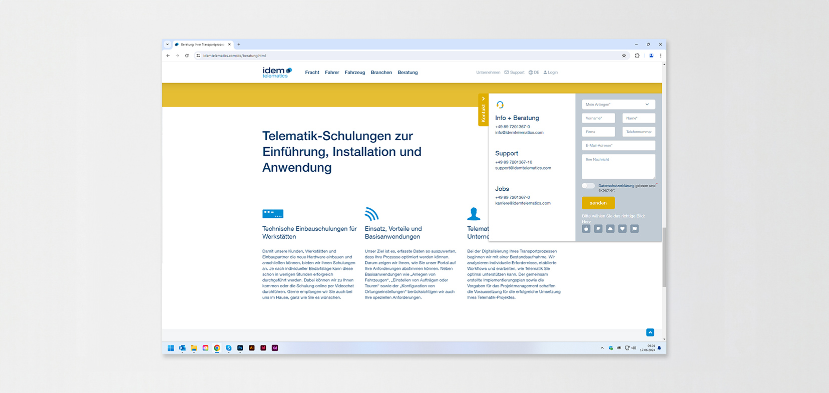 Ansicht Unterseite der Webseite von idem telematics auf grauem Hintergrund