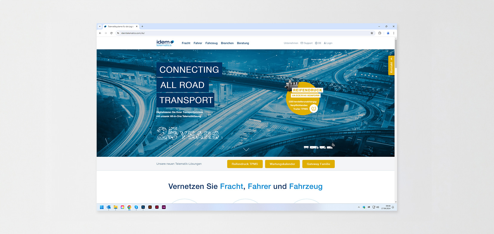 Ansicht Strartseite der Webseite von idem telematics auf grauem Hintergrund