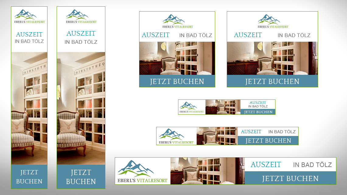 Ansicht verschiedener Anzeigen des Online Marketings der Privatklinik Eberl vor grauem Hintergrund