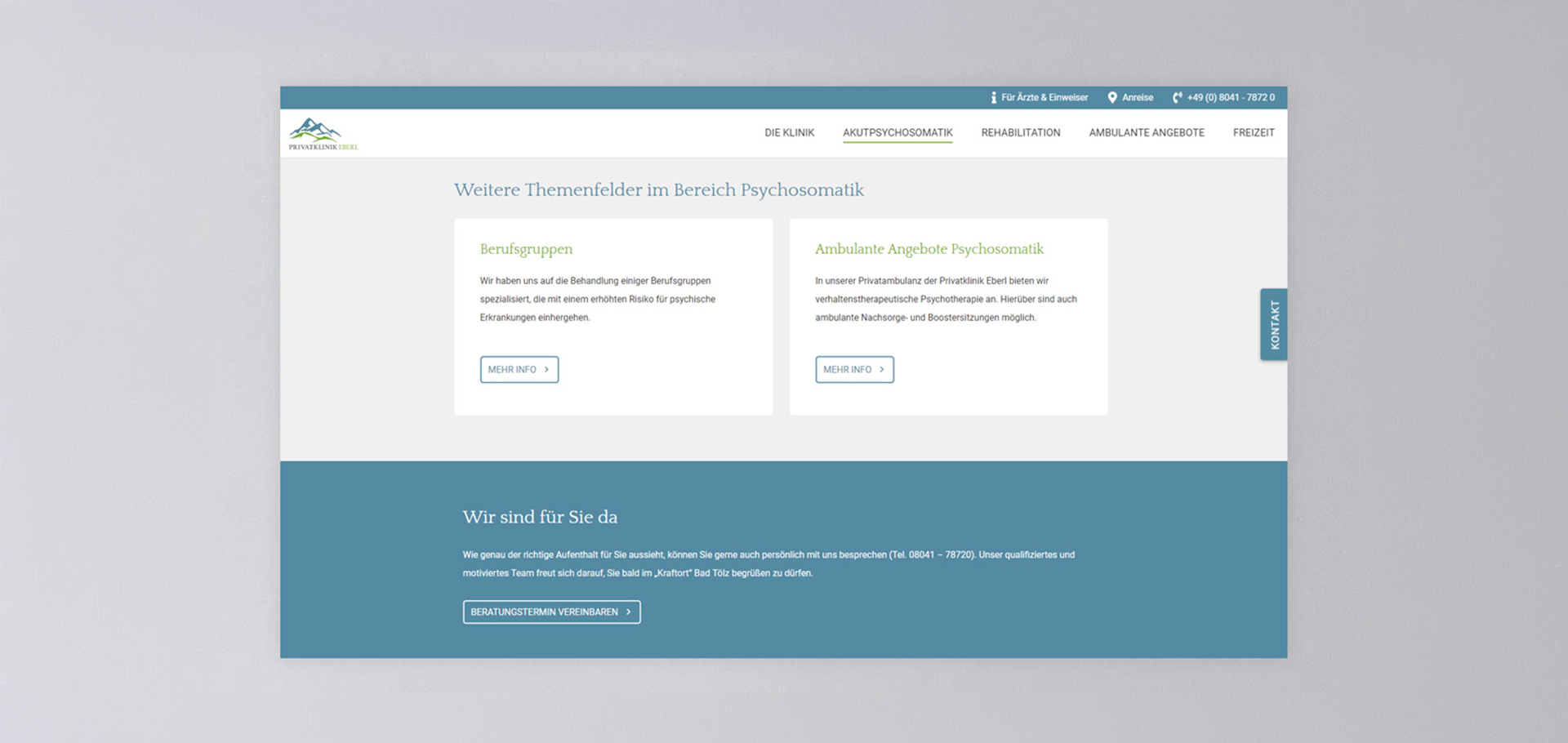 Ansicht einer Unterseite der Webseite der Privatklinik Eberl vor grauem Hintergrund
