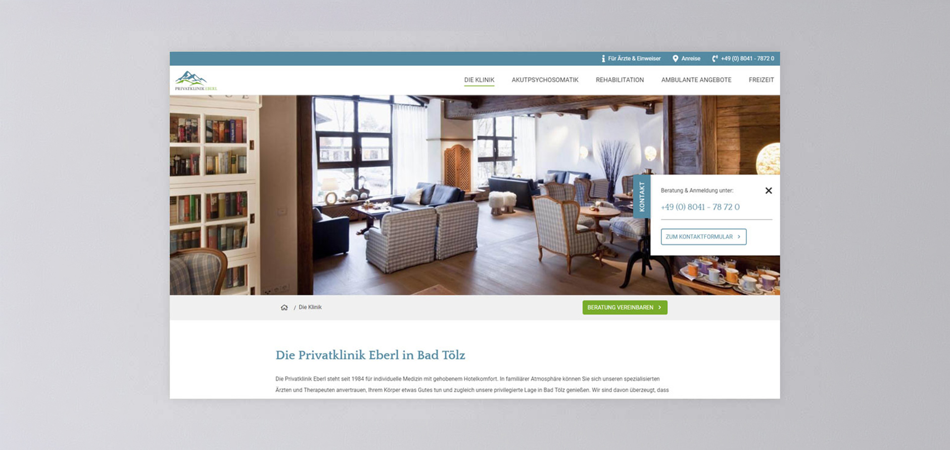 Ansicht einer Unterseite der Webseite der Privatklinik Eberl vor grauem Hintergrund