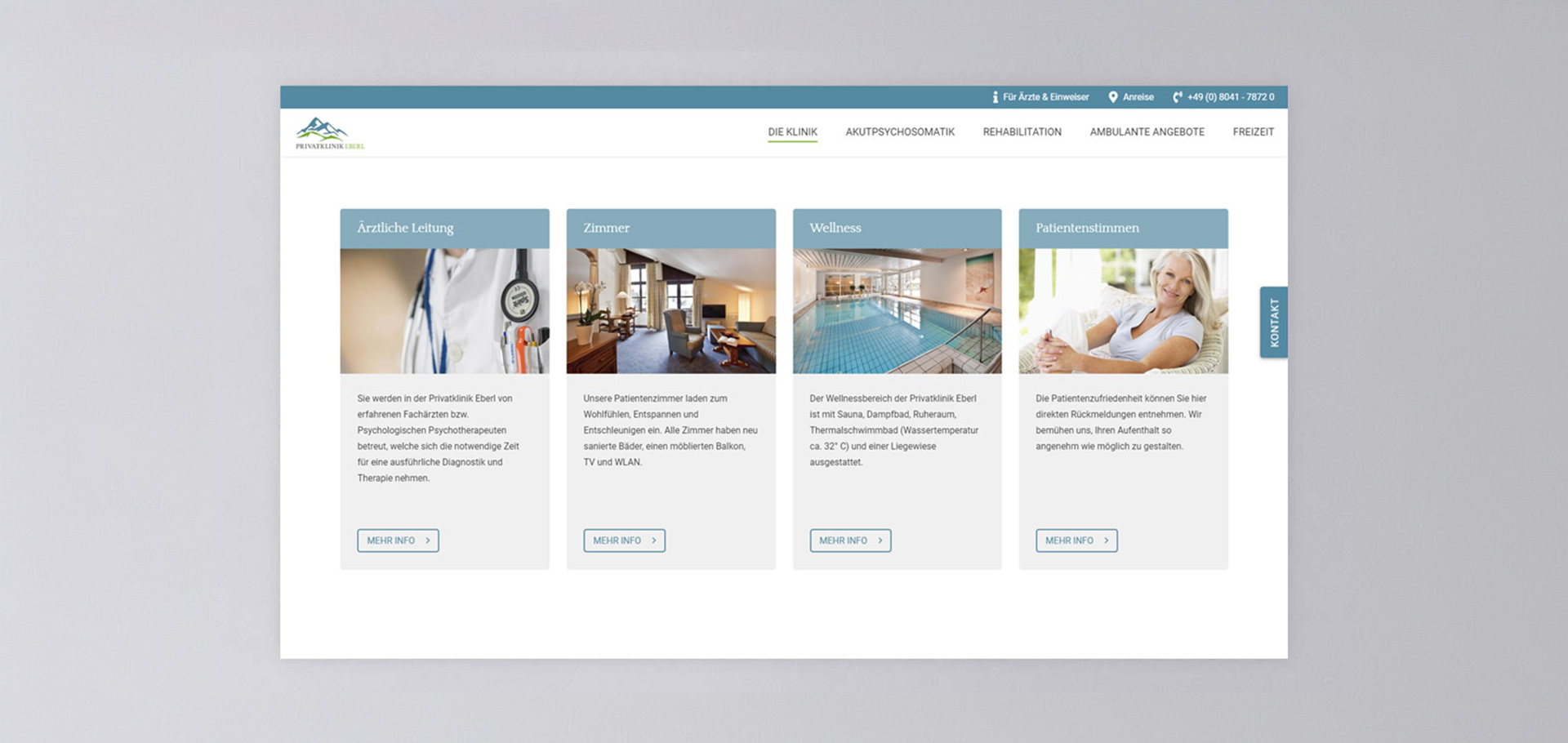 Ansicht einer Unterseite der Webseite der Privatklinik Eberl vor grauem Hintergrund