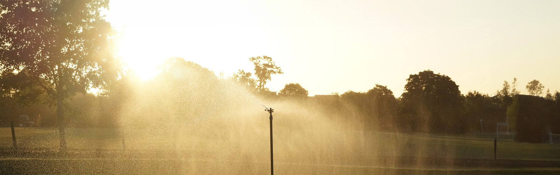 Sprinkleranlage sprüht Wasser über eine Wiese, während im Hintergrund die Sonne untergeht