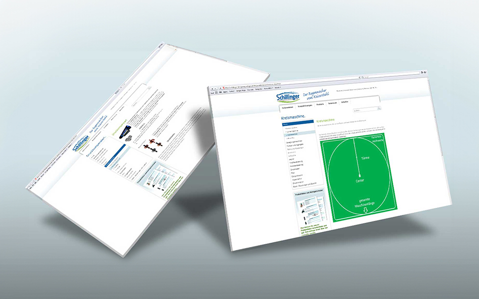 Ansicht der Webseite von Schillinger Beregnungsanlagen auf zwei dreidimensionalen Screens