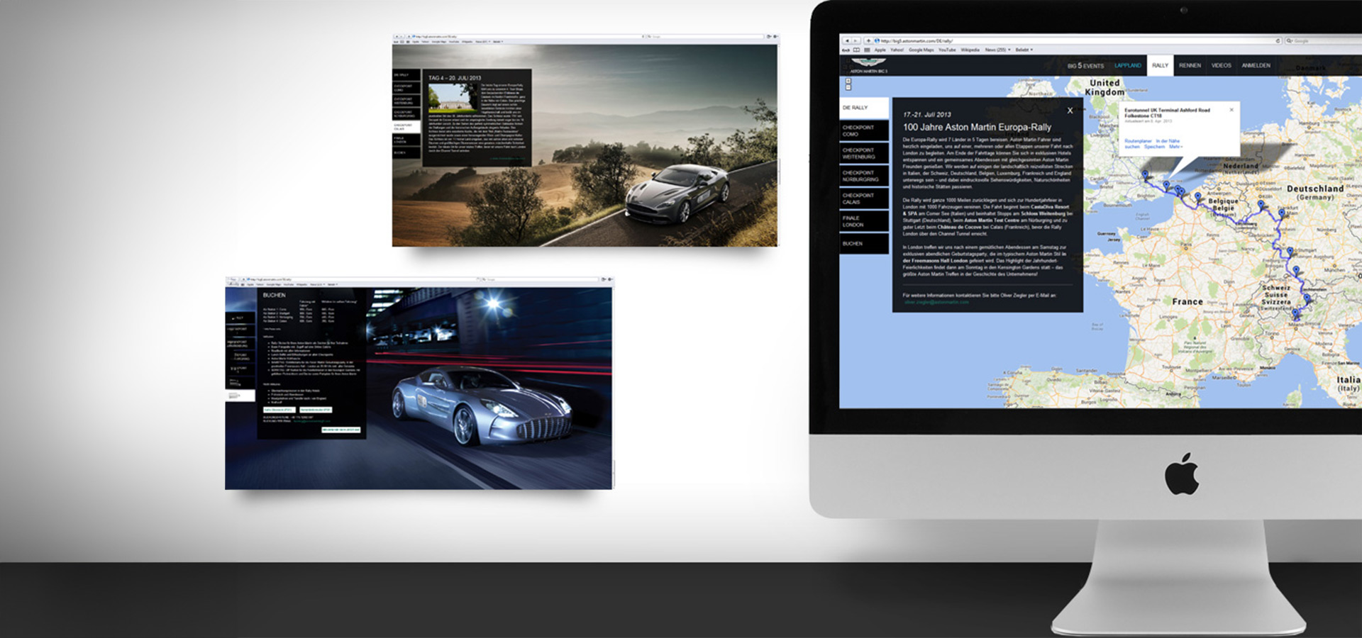 Ansicht der Website der 100 Jahre Aston Martin Europa Rally auf einem MacBook mit zwei zusätzlichen Screens