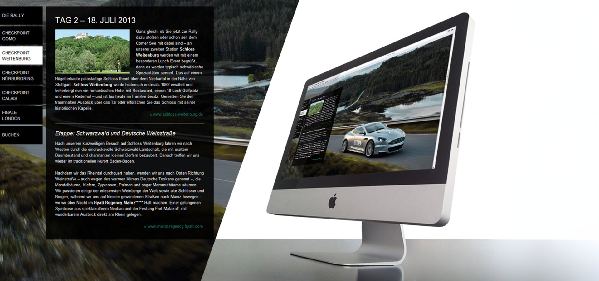 Ansicht der Website der 100 Jahre Aston Martin Europa Rally auf einem MacBook mit Nahaufnahme des Inhalts