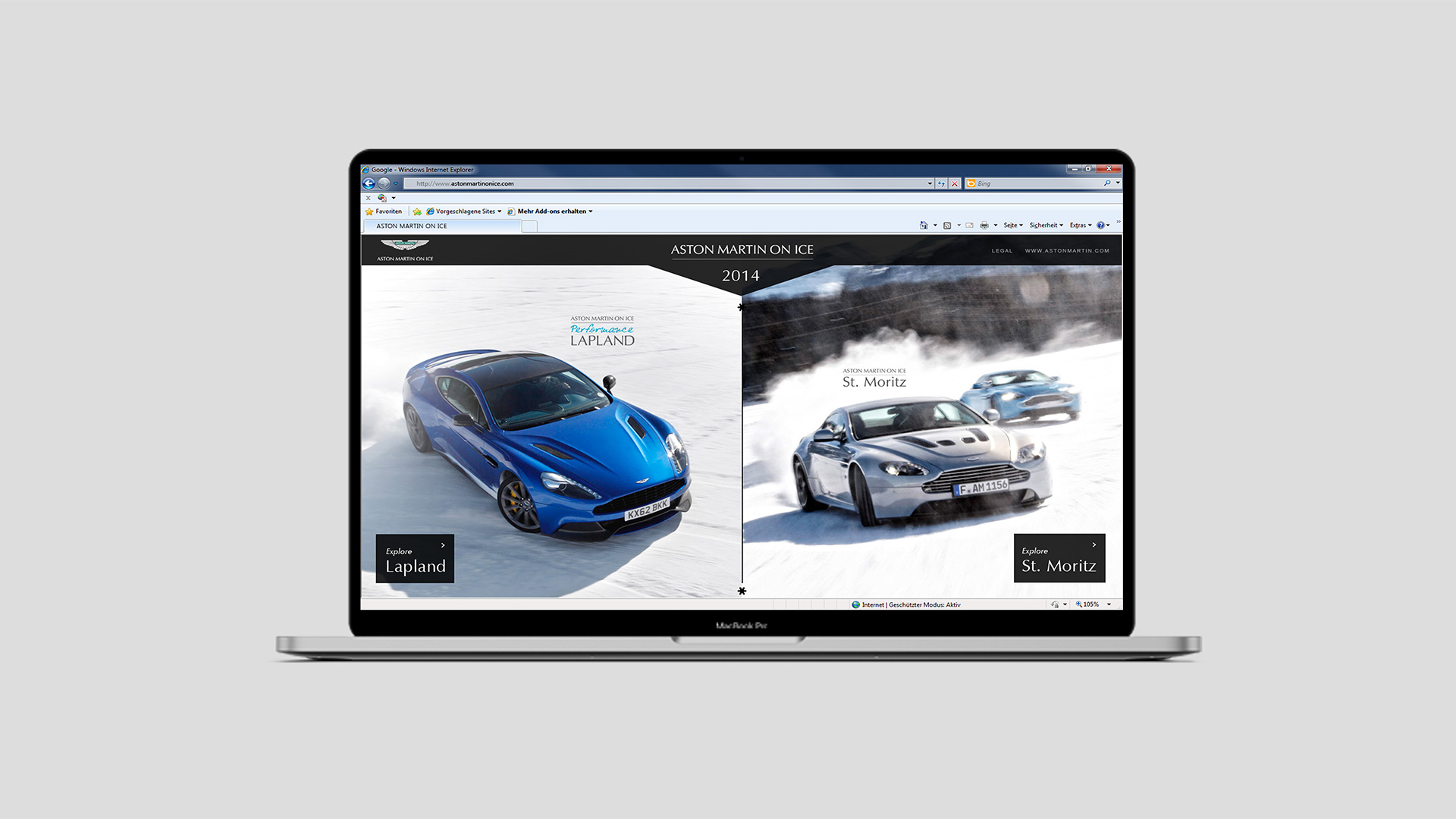 Ansicht der Webseite von Aston Martin On Ice auf einem Notebook auf grauem Hintergrund