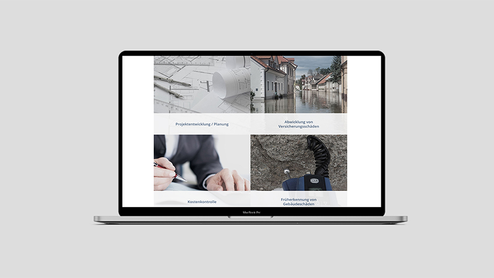 Ansicht der Leistungsbereiche auf der Webseite von GIS Immobilien auf einem Notebook