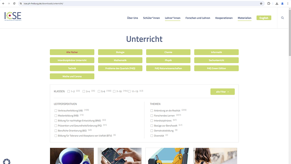 Ansicht der Funktion Unterrichts-Filter auf der Webseite von ICSE