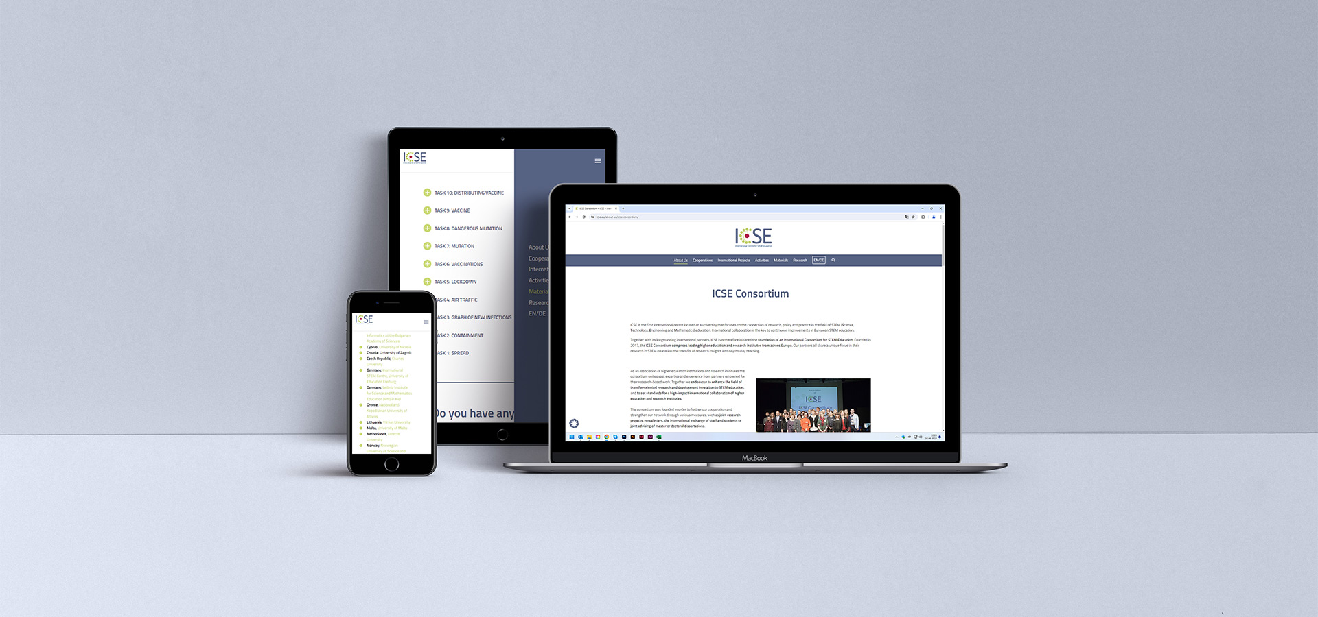 Ansicht der Webseite von ICSE auf einem Notebook, einem Pad im Hochformat sowie einem Smartphone