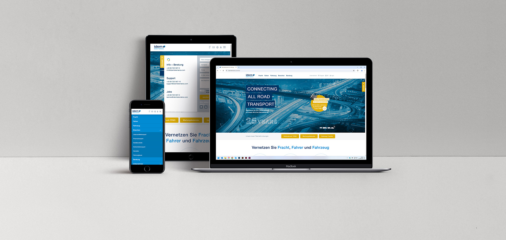 Ansicht Startseite der Webseite von idem telematics auf Notebook, Pad und Smartphone