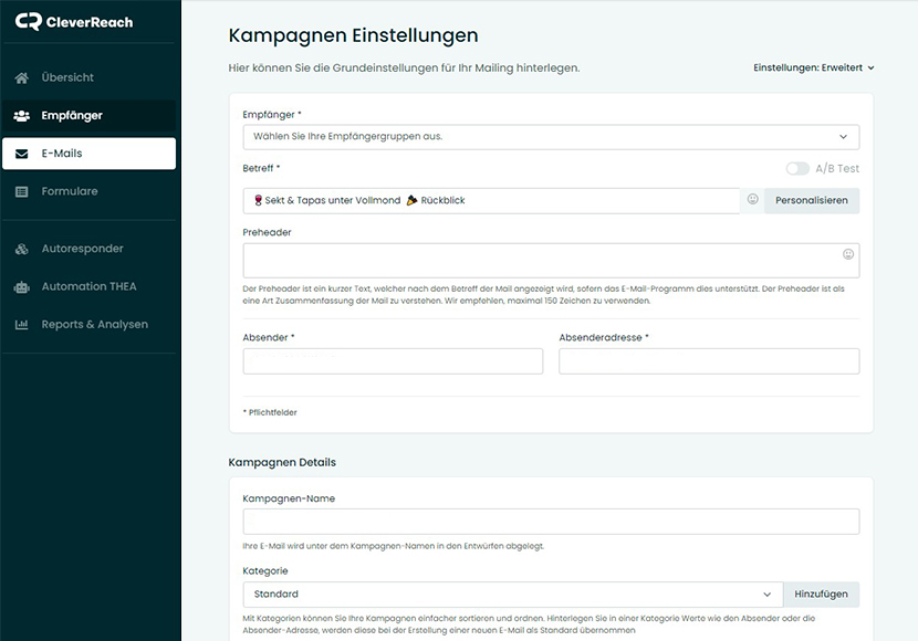 Kampagneneinstellungen des CleverReach UI zur Erstellung eines Newsletters