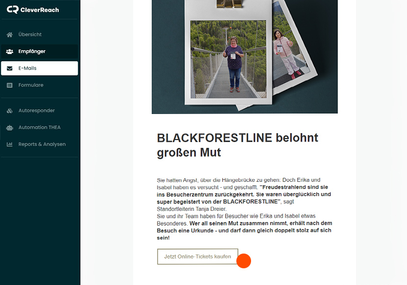 CleverReach UI für die Erstellung eines Newsletters mit CTAs
