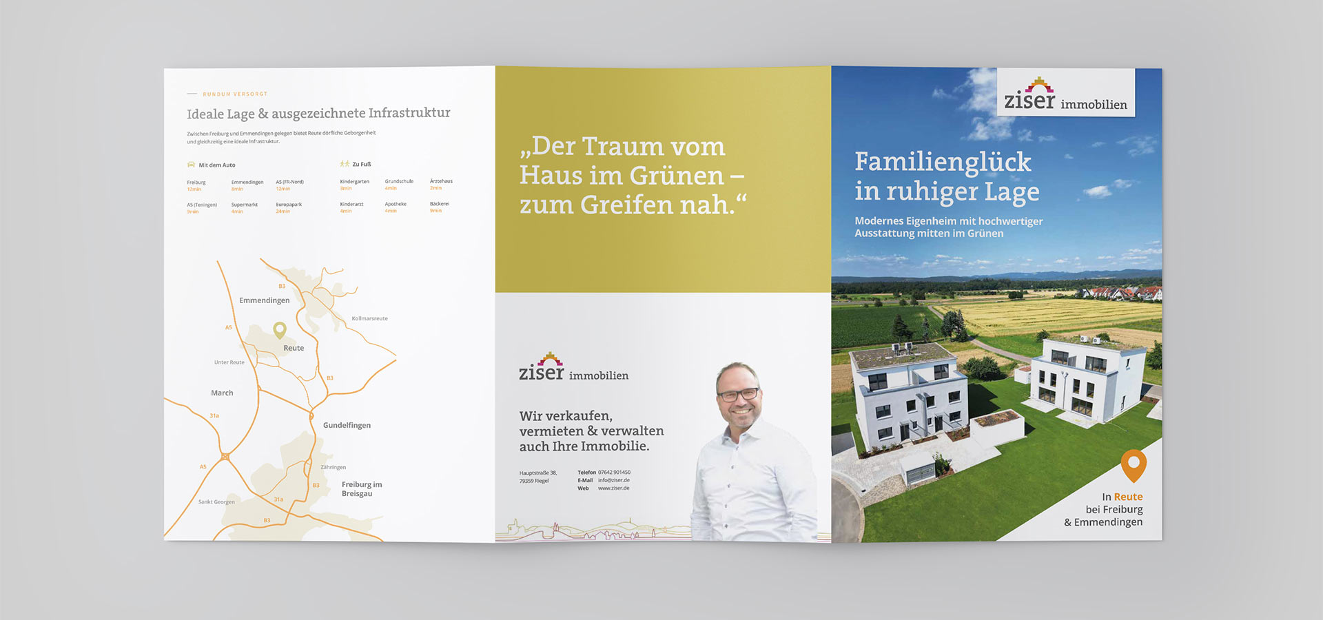 Ansicht der Titel- und Rückseite sowie der ersten Innenseite des Produktflyers von Ziser Immobilien