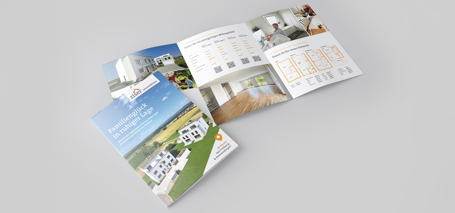 Ansicht der Titelseite sowie mehreren Innenseite des Produktflyers von Ziser Immobilien