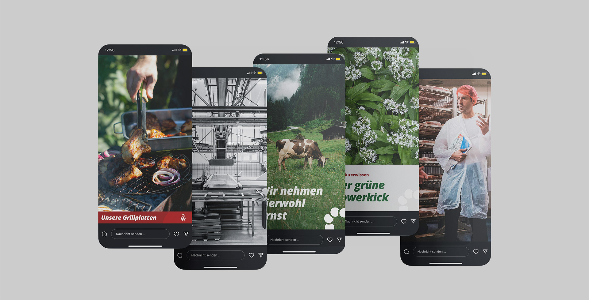Abbildung verschiedener Themenschwerpunkte der Social Media-Posts der Metzgerei Gustav Winterhalter auf mobilen EndgerÀten