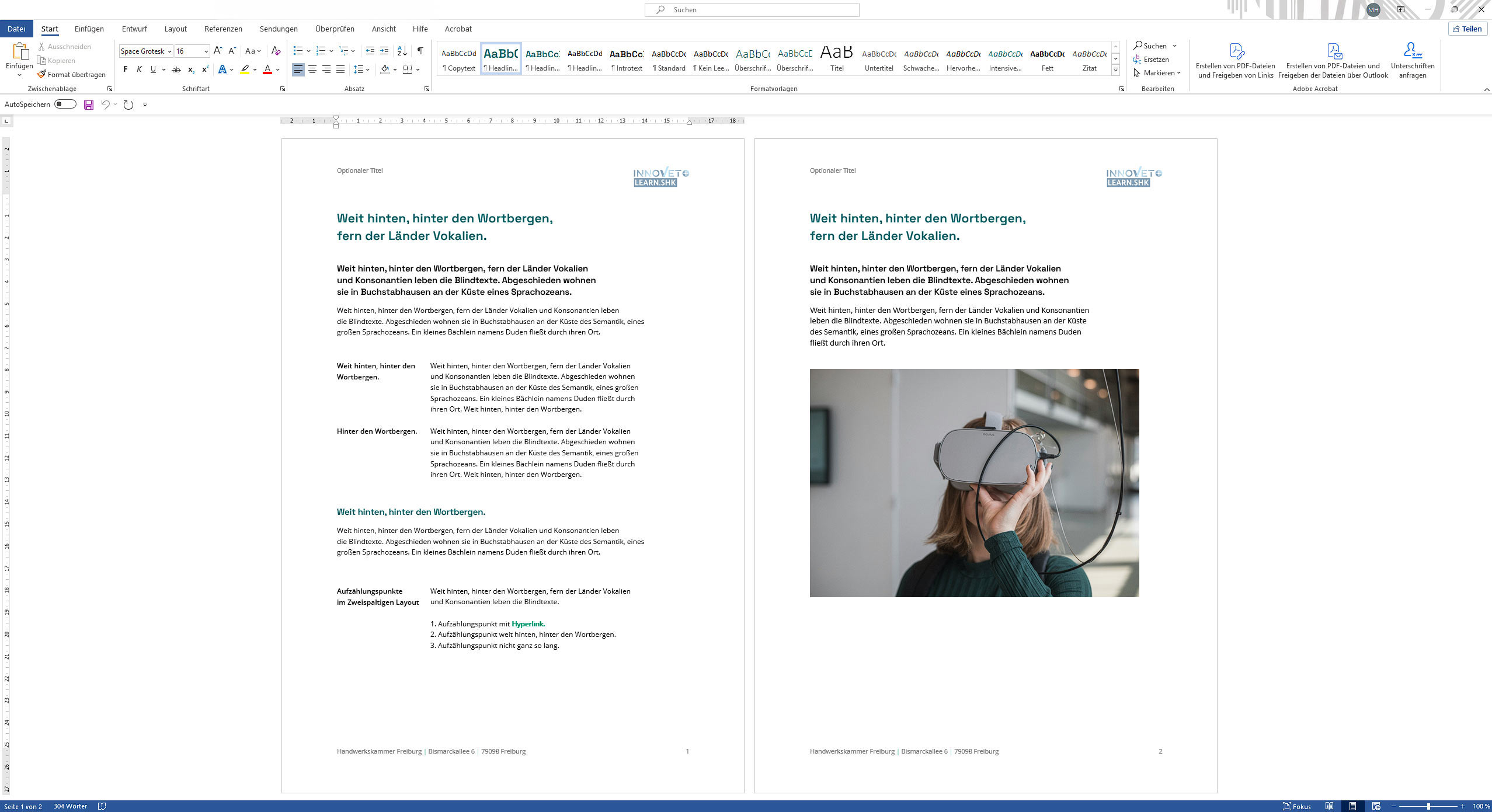 Darstellung der Dokumentenvorlage des Projekts learn.SHK.