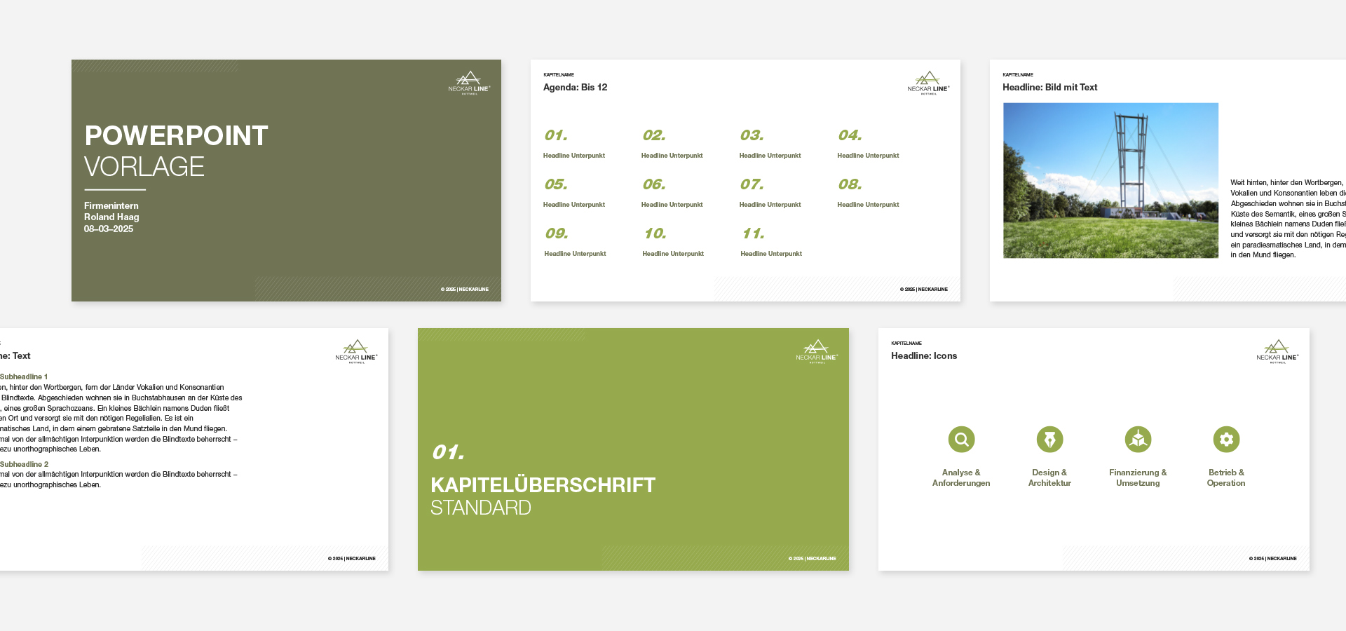 Darstellung verschiedener Folien der Präsentationsvorlage der NECKARLINE.